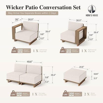 HERA'S HOUSE 6 Pieces Patio Furniture Set, 4 Sectional Outdoor Rattan Wicker Sofa with 2 Ottomans, All Weather Patio Conversation Set with 5.3" Widened Armrest, 10" Ultra Thick Comfy Cushion for Deck