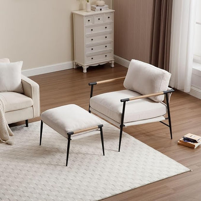 LukeAlon Mid-Century Chenille Accent Chair with Ottoman, Soft Living Room Chair with Metal Legs Modern Upholstered Armchair Reading Nook Chair Lounge Leisure Chair with Footstool for Bedroom, Beige