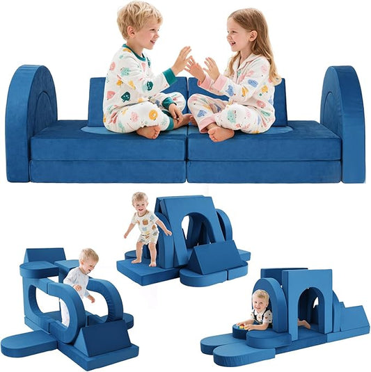 12 Pcs Modular Kids Play Couch, Toddler Couches That Fold Out, Plush Foam Chair for Children’s Playroom, Velvet Fabric Convertible Foam and Floor Cushion for Boys and Girls (Blue,07)