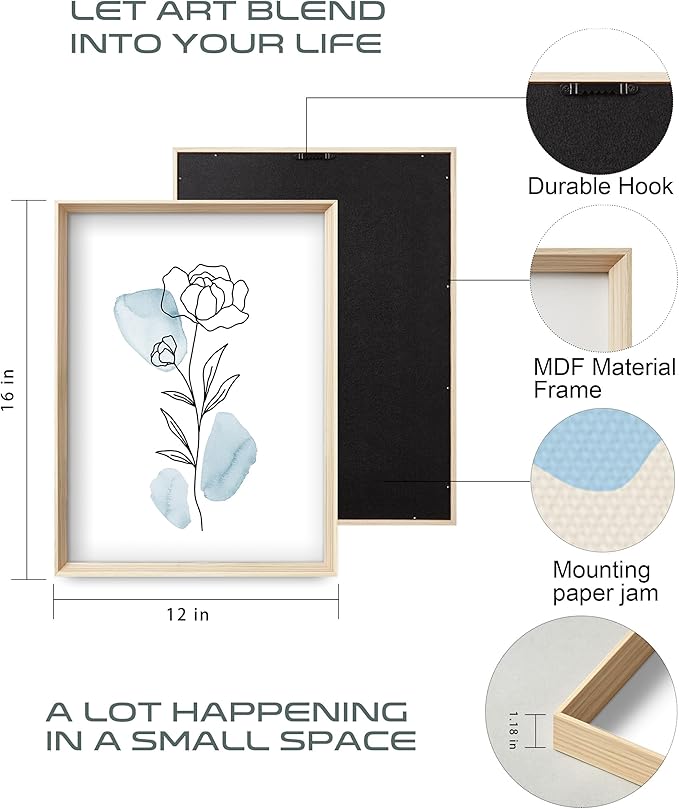 HesenDot Framed Blue Floral Canvas Wall Art,Minimalist Botanical Wall Art Decor,12x16IN Wood High Framed Prints,Boho Flowers Artworks Prints Posters for Living Room,Kitchen,Bedroom Set of 3