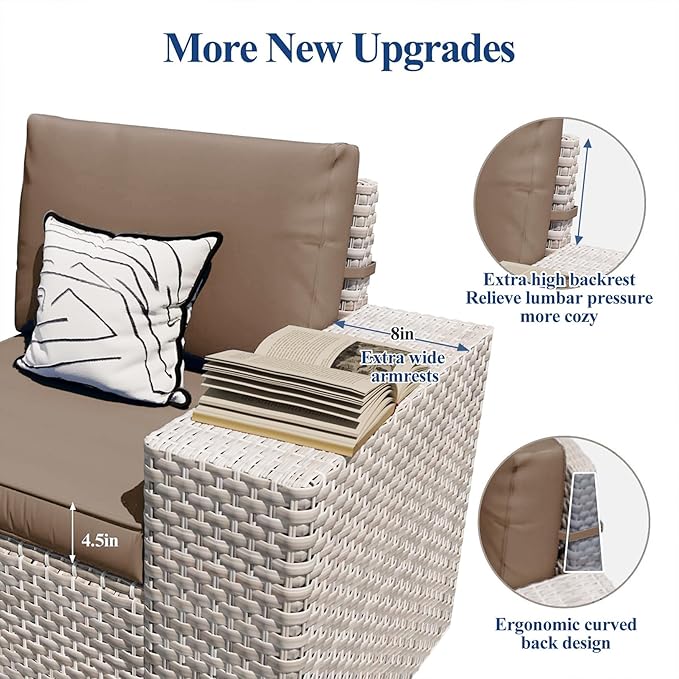 6-Piece Patio Furniture Set, Outdoor Extra Wide Armrest Modular Patio Sofa, Dual-Strand Rattan Wicker, Rust-Resistant Frame, Backyard High Back, Large Seat Furniture for Porch Garden Balcony, Khaki