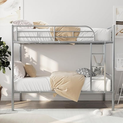Merax Twin Over Twin Metal Bunk Bed with Ladder and high Guardrail, Able to Split, Storage Space, No Box Spring Needed, Noise Free,Silver