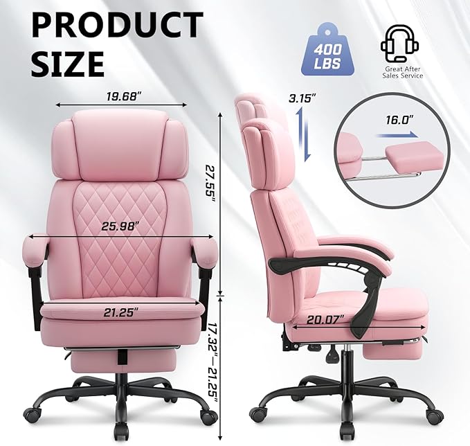 400lbs Office Chair with Foot Rest, Ergonomic Big and Tall Office Chair with Adjustable Headrest, High Back PU Leather Computer Chair,Comfy Heavy Duty Office Desk Chair (Classic Pink)