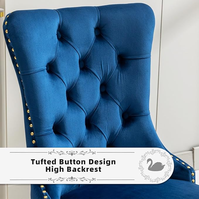 Velvet Upholstered Dining Chairs Set of 6, Modern Style Kitchen Side Chairs with Nailhead Trim and Gold Plated Leg, Metal Pulling Ring for Dining Room Living Room(Blue-Gold Plated Leg)