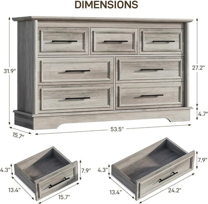 LGHM 7 Drawers Dresser for Bedroom, 54" Wide Chest of Drawers with Smooth Gliding Drawers, Gray Wood Dresser, Sturdy Storage Dressers Organizer with Metal Handles for Home Office, Farmhouse, Nursery