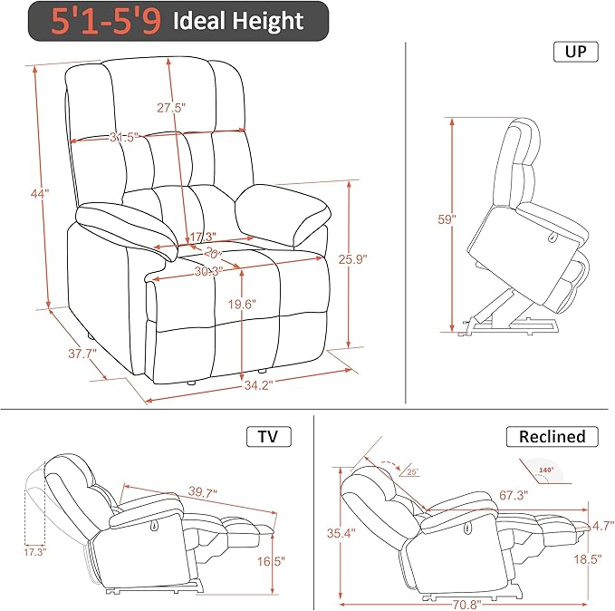 MCombo Power Lift Recliner Chair Sofa with Massage and Heat, Adjustable Headrest, 3 Positions, USB Ports, for Elderly People, Faux Leather 7533