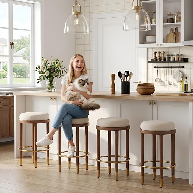 26’’ Rustic Backless Bar Stools with Metal Gold Footrest Counter Height Barstools Set of 4 Modern Round Farmhouse Beige Linen Upholstered Wooden Stools with Natural Solid Wood Legs for Kitchen Island