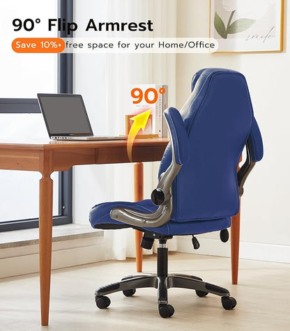 Office Desk Chair, Ergonomic Computer Chair with Padded Flip-Up Arms and Adjustable Lumbar Support, PU Leather Executive Chair with Tilt Lock and 360° Swivel Rolling Wheels for Work, Study