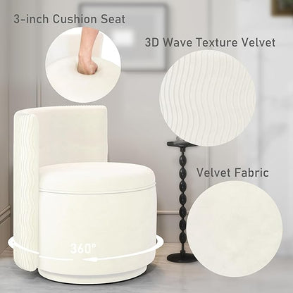 360° Swivel Accent Chair with Storage, Vanity Stool with Back, Velvet Storage Ottoman, Upholstered Round Barrel Vanity Chair for Living Room, Makeup Room, Bedroom (White High-Back)