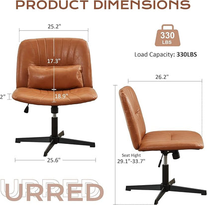 URRED Criss Cross Office Chair, Armless Cross-Legged Desk Chair with Fixed Legs, Height Adjustable Wide Seat Task Vanity Chair for Home Office or Bedroom (Brown)