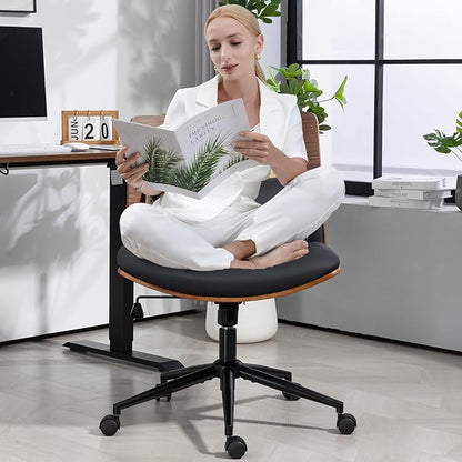 Armless Rattan Office Desk Chair with Wheels, PU Leather Modern Wide Swivel Task Chair, Ergonomic Criss Cross Legged Chair for Meeting Room, Home Office, Black