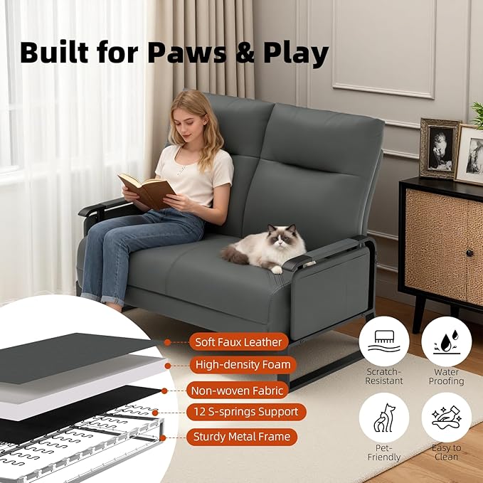 Faux Leather Loveseat, Upholstered Loveseat with Side Tray Table & Storage Pocket, Small Loveseat for Living Room, Modern 2 Seater Sofa Couch for Small Spaces, Bedroom, Gray