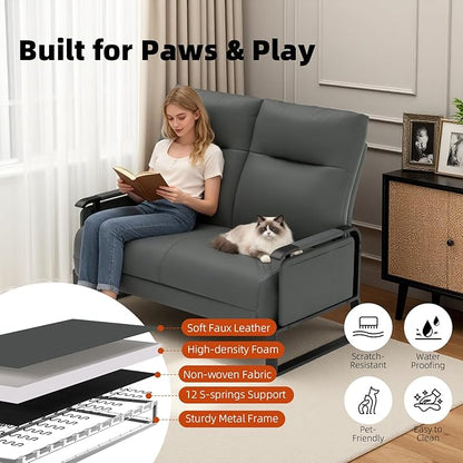 Faux Leather Loveseat, Upholstered Loveseat with Side Tray Table & Storage Pocket, Small Loveseat for Living Room, Modern 2 Seater Sofa Couch for Small Spaces, Bedroom, Gray