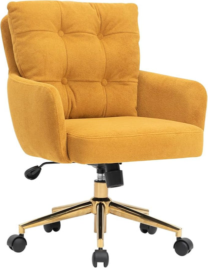 Velvet Office Chair, Comfy Home Office Desk Chairs with Lumbar Support, Modern Velvet Desk Chair Gold Legs Small Swivel Task Chair for Home Office, Bedroom, Study (Yellow, L)