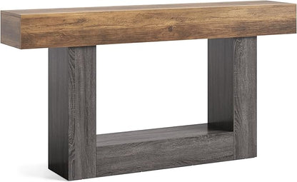 LITTLE TREE 63 Inches Long Console Table, 2-Tier Farmhouse Sofa Table Behind Couch, Large Narrow Entryway Table for Living Room, Wooden Hallway Foyer Table with Heavy Duty Base, Rustic Brown and Grey