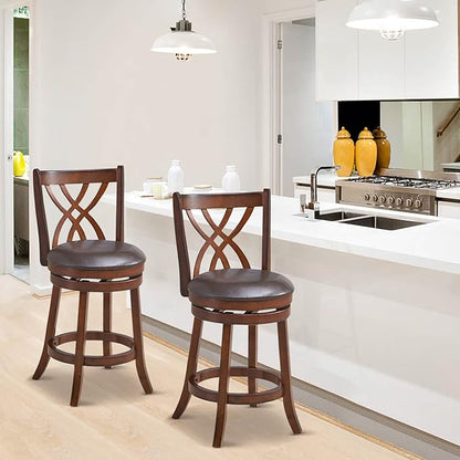 COSTWAY Bar Stools Set of 4, 360° Swivel Chairs with Rubber Wood Frame, 26 in PU Leather Cushioned Seat and Footrests, for Kitchen Island, Dining Room, Bar (Brown-26 inches, 4 stools)
