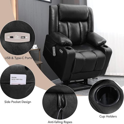 EONIX Dual Motor Oversized Power Lift Recliner Chair for Elderly, 400lbs Heavy Duty Faux Leather Recliner with Massage and Heat, Lay Flat Big and Tall Lift Chair with Cup Holders, Black