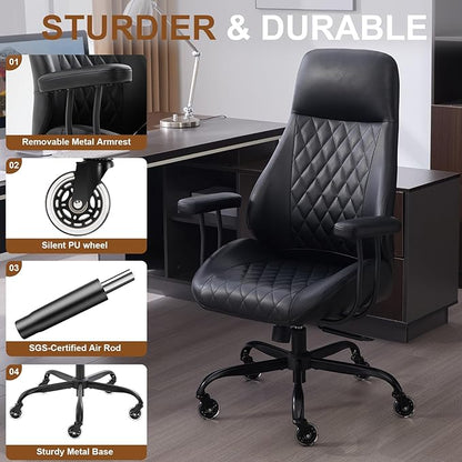 Home Office Desk Chair, Ergonomic High Back Leather Computer Chair with Lumbar Support, Adjustable Height & Recline, Swivel Executive Office Chair with Armrests and Rubber Casters, Black