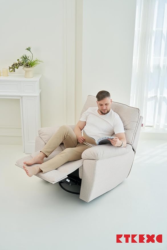 Reclining Sofa Rocking Recliner Chair Manual Adjustable 360 Swivel with Ergonomics Overstuffed Lumbar Arm Support Natural Fabric Surface Made for Living Room, Bedroom, Nursery, Milk White