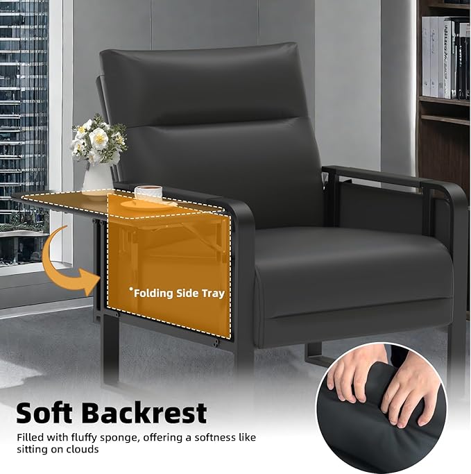 Faux Leather Accent Chair, Upholstered Armchair with Side Tray & Pocket, Comfy Reading Chair for Living Room, Bedroom, Guest Room, Black