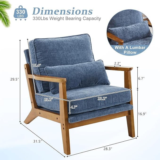 VINGLI Solid Wood Wide Armrests Accent Chair,Upholstered Mid Century Modern Chair with Pillow,Comfy Reading Chair Farmhouse Arm Chair,Chairs Living Room,Bedroom,Guest Room,Chenille Fabric,Dark Blue