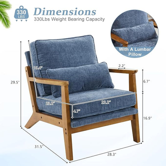VINGLI Solid Wood Wide Armrests Accent Chair,Upholstered Mid Century Modern Chair with Pillow,Comfy Reading Chair Farmhouse Arm Chair,Chairs Living Room,Bedroom,Guest Room,Chenille Fabric,Dark Blue
