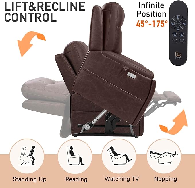 EONIX Triple Motor Lay Flat Power Lift Recliner Chair for Elderly, 400lbs Large Electirc Lift Chair for Living Room, Independent Adjustable Lumbar, Extended Footrest, Hidden Cup Holders, Dark Brown