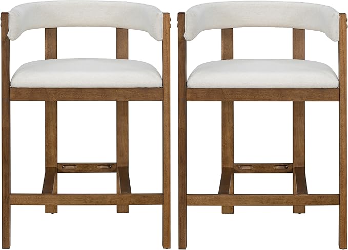Christopher Knight Home Set of 2 Rylan Modern Fabric Upholstered Dining Room Counter Height Barstools,Kitchen Island Rubberwood Counter Stool,Armchair with Footrest+Curved Backrest,Beige+Walnut