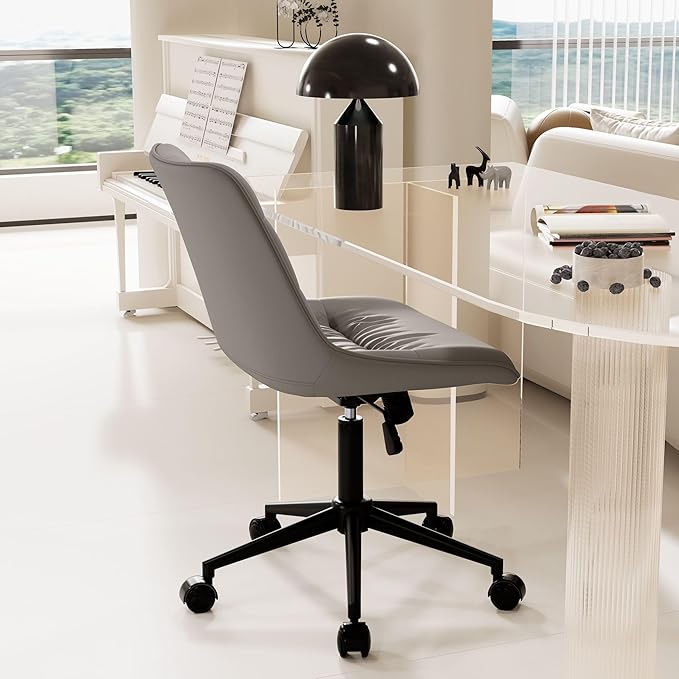 Rowill Leather Office Chair, Ergonomic Armless Desk Chair with Waterproof Cushion & Slient Wheels & SGS-Certified Class 3 Explosion-Proof Gas Lift, Ideal for Home Office, Study and Vanity(Grey)