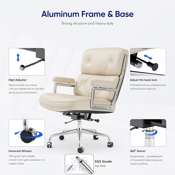 Genuine Leather Office Chair, Mid Back Executive Desk Chairs with Aluminum Arms and Wheels, Swivel Office Leather Chair with Thickened Backrest and Ergonomic Lumbar Support, White