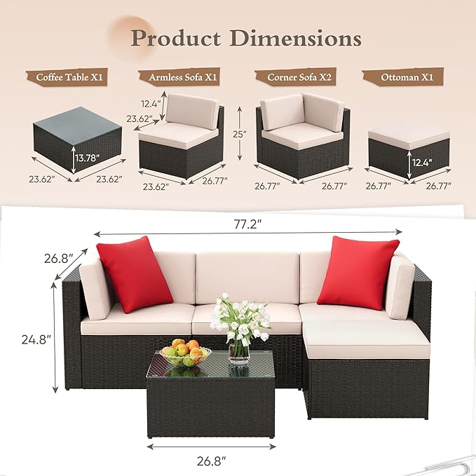 JUMMICO 5 Pieces Patio Furniture Set, Outdoor Sectional Sofa Conversation Sets, Couch Rattan Chair Wicker with Ottoman Cushion, Glass Tea Table and Pillows for Backyard Porch Garden Pool Balcony,Beige