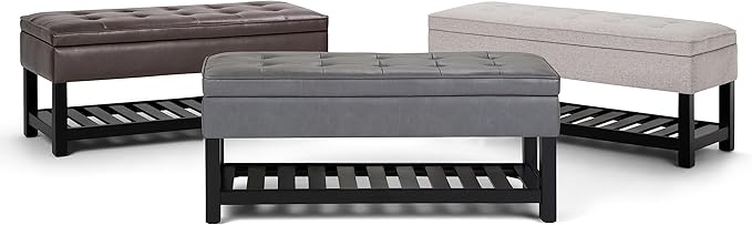 SIMPLIHOME Cosmopolitan 44 inch Wide Transitional Rectangle Storage Ottoman Bench with Open Bottom in Stone Grey Vegan Faux Leather, Assembled for the Living Room and Bedroom
