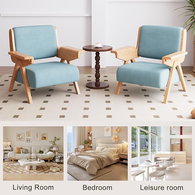 Mid Century Modern Accent Chair, Fabric Upholstered Lounge Arm Chair with Solid Wood Frame for Living Room, Bedroom, Office, Reading Corner (Blue, Single Chair)