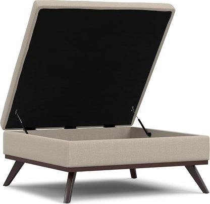 SIMPLIHOME Owen 40 inch Wide Mid Century Modern Square XL Coffee Table Storage Ottoman in Natural Polyester Fabric, Assembled, for The Living Room, Entryway and Family Room