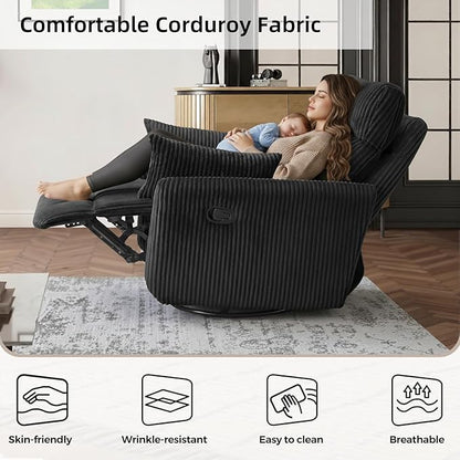 Swivel Recliner Chair for Adults, Corduroy Nursery Glider Rocking Chair, Armchair with 2 Pillows, Comfy High Back Reclining for Small Spaces, Nursery Bedroom Living Room (Corduroy Black, 1 Pack)