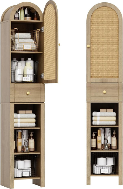 70" Tall Bathroom Storage Cabinet with Rattan Door，Narrow Storage Cabinet with Drawer Adjustable Shelves, Modern Arched Design Bathroom Cabinet for Bathroom, Living Room, Kitchen, Natural