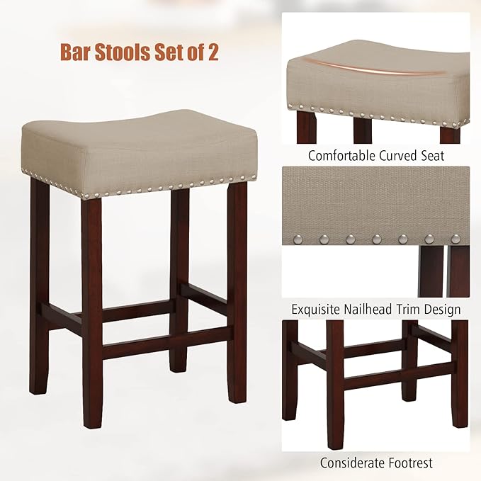 COSTWAY Counter Height Bar Stools Set of 2, 25-inch Backless Saddle Stools with Nailhead Trim, Rubber Wood Frame, Footrest, Max Load 330 Lbs, Upholstered Barstools for Kitchen Island Pub, Beige