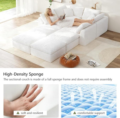 138" Boneless Cloud Couch Modular Sectional Sofa with Deep Seat for Living Room, L Shape Couch with Ottoman, Snowflake Cloth and 40D Memory Sponge，2 Throw Pillows (White, 4 Seater+4 Ottoman)