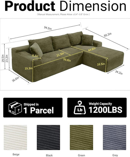 95 Inch Cloud Sectional Couch,Modular Sectional Sofa with Deep Seat,Modern Corduroy Boneless Couches with L-Shape Chaise for Living Room Bedroom,No Assembly Required (Green, Right Facing Chaise)