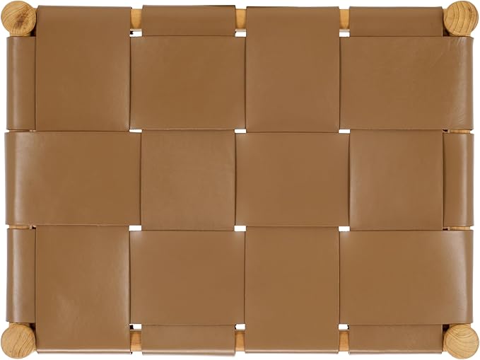 SAFAVIEH Couture Collection Devnie Brown Woven Leather & Natural Solid Wood Ottoman (Fully Assembled)