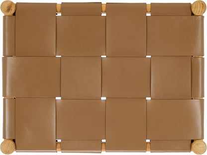 SAFAVIEH Couture Collection Devnie Brown Woven Leather & Natural Solid Wood Ottoman (Fully Assembled)