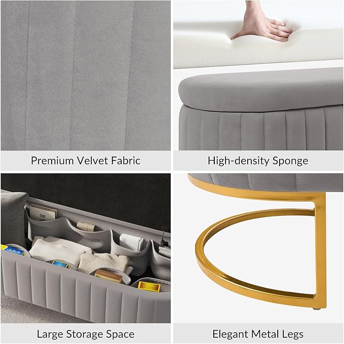 EcoHarbor Living 55.5" Storage Bench Ottoman End of Bed Bench Bedroom Bench, Upholstered Velvet Long Window Bench Large King Size with Gold Legs, Flipping Lid Entryway Footrest (Light Grey)
