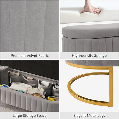 EcoHarbor Living 55.5" Storage Bench Ottoman End of Bed Bench Bedroom Bench, Upholstered Velvet Long Window Bench Large King Size with Gold Legs, Flipping Lid Entryway Footrest (Light Grey)