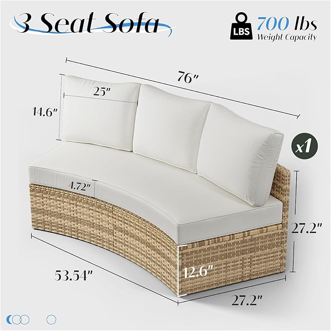 Patio Furniture Sets, 3 Piece Half-Moon Sectional Round Sofa Set, Outdoor Patio Furniture with Cushions for Beach, Pool, Balcony, Beige