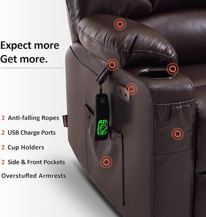 MCombo Oversized Dual Motor Power Lift Recliner Chair Sofa with Massage and Heat for Big Elderly People, Infinite Position, USB Ports, Faux Leather R7677 (Dark Brown, Medium-Oversize)