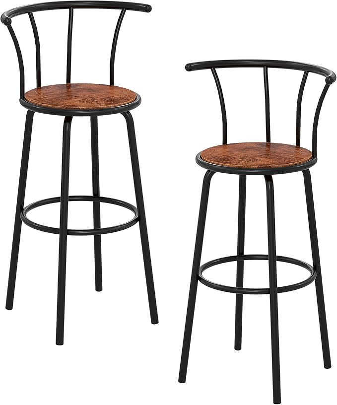 VECELO Bar Stools Set of 2, Swivel Counter Barstools with Backrest, Bar Height Chairs for Dining Room, Kitchen Island, Pub, Easy Assembly, Retro Brown