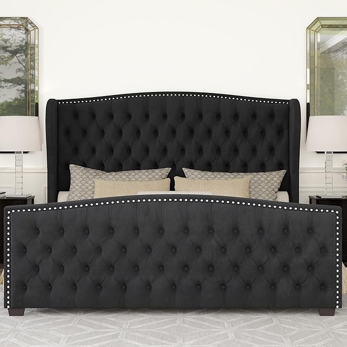 AMERLIFE King Size Platform Bed Frame, Velvet Upholstered Bed with Deep Button Tufted & Nailhead Trim Wingback Headboard/No Box Spring Needed/Black