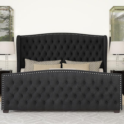 AMERLIFE King Size Platform Bed Frame, Velvet Upholstered Bed with Deep Button Tufted & Nailhead Trim Wingback Headboard/No Box Spring Needed/Black