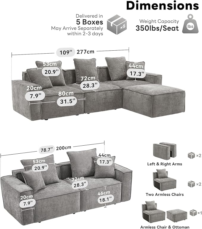 WILLOVE Modular Sectional Sofa Set, Chenille Cloud Couch with Wide Armrests & 8 Pillows, Deep Seat Couches for Living Room, 6-Seater Grey