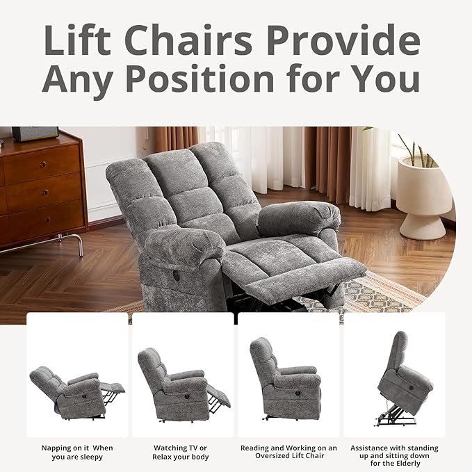 Oversized Power Lift Recliner Chair for Elderly, Electric Lift Chair with Masssage and Heat, Overstuffed Power Recliner for Adults, 3 Positions,USB Ports, Side Pockets,Grey